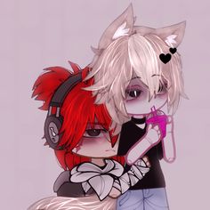 two anime characters hugging each other with headphones on their ears and one holding a phone