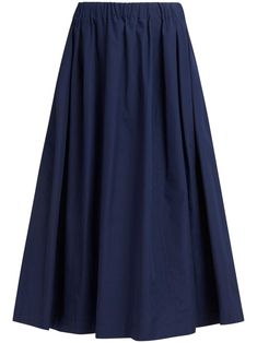 navy blue cotton pleat detailing high-waisted elasticated waistband A-line mid-length straight hem Dark Blue Long Skirt Outfit, Blue Cotton Skirt, Model Clothes, Blue Maxi Skirt, Long Skirt Outfits, Cotton Midi Skirt, Modest Skirts, Navy Skirt, Wardrobe Edit