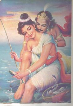 a painting of two women sitting on the back of a boat with a fishing pole