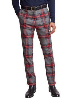 Slim-fit pants with welt pockets on the back and slant pockets on the front in red and charcoal royal tartan. It's made with a poly-rayon blend for extra comfort. Pair these pants with any top or the matching slim-fit Ashton Peak jacket with its neutral color and tartan design.PRODUCT DETAILS: style 6442P slim-fitting suit pant slant front pockets welt back pockets 32-inch inseam with finished hem 1.5-inch hem let-down allowance 16-inch leg opening poly-rayon stretch blend dry clean only importe Fall Suit, Formal Pants, Knit Outerwear, Tartan Design, Suit Pant, Slim Fit Pants, Fit Pants, Slim Pants, Design Product