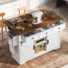 a kitchen island that has some food on it