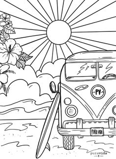 an old vw bus parked on the beach with flowers and sun in the background