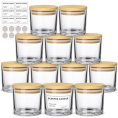 twelve glass candles with cork lids and labels