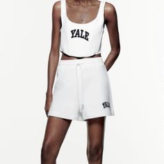 Zara Woman Yale Univeristy Crop Tank Top Shorts Set Medium Comes With Both Top And Bottom White Crop Top For Summer, White Crop Top For Spring, White Short Crop Top For Spring, Zara Shorts For Summer Loungewear, White Short Crop Top For Summer, Fitted Cropped White Shorts, White Fitted Cropped Shorts, Casual White Short Crop Top, Casual Short Crop Top For Day Out