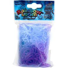 purple and blue rubber bands are packaged in a plastic bag for use on crafts or other projects