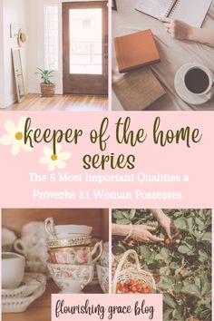 the cover of keeper of the home series with images of flowers, tea cups and books