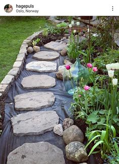 a garden with stepping stones and flowers in it