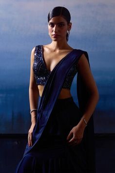 Midnight blue pre-draped saree with pleated panels. Paired with a sequin, crystal and bugle bead embroidered blouse. - Aza Fashions Draped Saree, Sarees Silk, Drape Saree, Beaded Blouse, Bugle Beads, Embroidered Silk, Embroidered Blouse, Aza Fashion, Midnight Blue