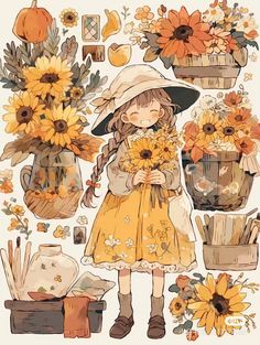 a drawing of a girl with sunflowers in her hand and other items around her