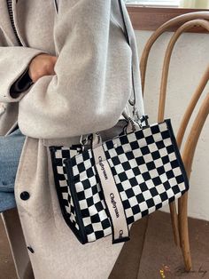 Bird in Bag - Black and White Plaid Fashionable Handbag with Adjustable Shoulder Strap Black And White Plaid, Bird In Bag, Bag Bag, Square Bag, Acrylic Material, White Plaid, Fashion Handbags, Color Blocking, Shoulder Strap