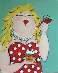 a painting of a woman holding a cupcake and a glass of red wine in her hand