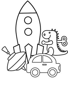 a black and white drawing of a car with a rocket on it next to a dinosaur