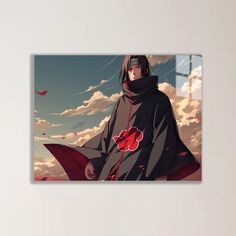 an anime character is standing in front of the sky with red flowers on his cape