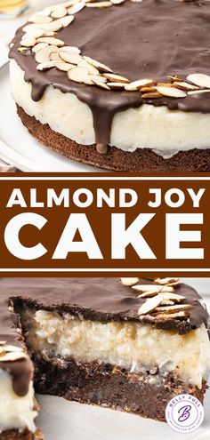 a close up of a cake on a plate with the words almond joy cake above it