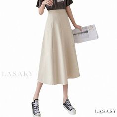 Lasaky - High-Waisted Midi Skirt - Chic Elastic Waist Basic Fashion Skirt Trendy High Waist Beige Skirt, High Waist Non-stretch Solid Color Skirt, High Waist Solid Beige Skirt, Casual Stretch Plain Skirt, Beige Casual Non-stretch Skirt, Non-stretch High Waist Skirt, Non-stretch Flared Beige Skirt, Non-stretch Beige Midi Skirt, High Waist Solid Skirt For Spring