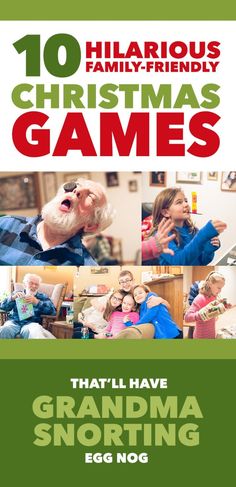 an advertisement for christmas games with pictures of santa claus and other people in the background