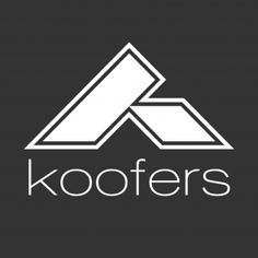 the koofers logo is shown on a black background with white letters and an arrow