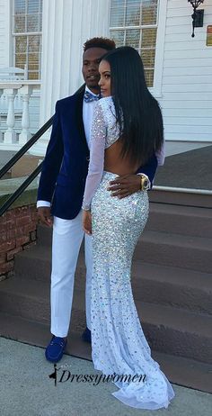 Prom Things, Prom Dresses Backless, Prom Slay, Couple Prom, White Prom Dresses, Backless Prom Dress, Prom Goals, Dress Beading, Prom Couples