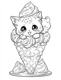 an ice cream cone with a cat in it and some candies on the top