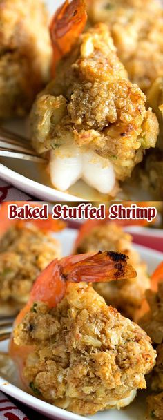 baked stuffed shrimp is served on a white plate