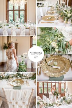 a collage of photos with flowers and greenery on the tables at a wedding