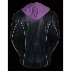 Milwaukee Leather ML2067 Women's 3/4 Black and Purple Leather Hoodie Jacket with Reflective Tribal Design Outside Features Made of Butter Soft Naked Cowhide 1.0mm Thick Leather Front Zipper Closure Embroidered Chest Tribal Design with Colored Contrast Stitching Full Chest, Arm and Shoulder Blacked Out Highly Reflective Piping Ventilation System: 2 Chest Vents, 2 Shoulder Vents and 2 Back Vents All with Zipper Closure Side/Hip Expandable Material Panel for Comfort Movement Lower Back Extension Zi Fitted Biker Jacket With Contrast Stitching, Fitted Biker Jacket With Contrast Stitching And Long Sleeves, Fitted Hooded Biker Outerwear, Fitted Biker Outerwear With Hood, Fitted Black Biker Jacket With Double-lined Hood, Fitted Biker Hooded Jacket, Fitted Black Biker Hooded Jacket, Fitted Biker Jacket With Detachable Hood For Streetwear, Fitted Biker Hooded Jacket With Long Sleeves