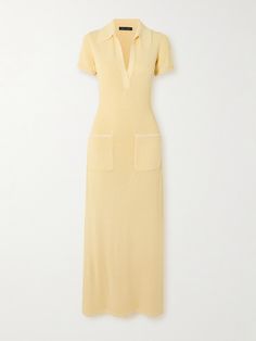 Proenza Schouler's 'Auden' maxi dress references vintage sportswear with its polo-inspired details. It's knitted for an elegant, figure-skimming silhouette and has open-knit detailing along the hem, cuffs and pockets. The detachable slip provides coverage. Modest Yellow Dress, Maxi Dress Outfit Casual, Dress References, Yellow Knit Dress, Formal Smart Casual, Winter Knitwear, Dresses Spring, Vintage Sportswear, Maxi Knit Dress