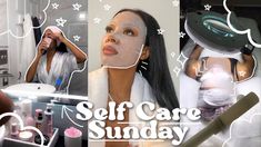 a collage of photos with the words self care sunday written on them and images of woman in bathrobe