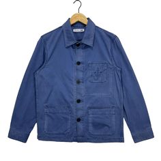 JW Anderson X Uniqlo Designer Cotton Chore Jacket Blue Colour Size Small * Made in : China * Size on Tag : Small (S) * Manual Measurement (inch) : Chest 19.5, Length 26, Shoulder 17, Sleeve 23, Waist 19.5, Hem 19.5. * Recommended for Size : Small (S) & (M) Medium. * Material : Cotton * Colour : Blue * Condition : Good * See photos for details. * Free Defect : No Stain, No Holes, No Tears, No Faded. 4307 Solid Denim Jacket With Pockets For Work, Classic Washed Blue Button-up Outerwear, Navy Casual Blazer With Patch Pockets, Casual Navy Blazer With Patch Pockets, Classic Washed Blue Outerwear With Button Closure, Blue Utility Jacket With Patch Pockets And Relaxed Fit, Blue Relaxed Fit Utility Jacket With Patch Pockets, Relaxed Fit Washed Blue Outerwear With Snap Buttons, Blue Cotton Denim Jacket With Lapel Collar