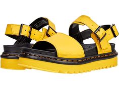 Dr. Martens Voss - Women's Sandals : Yellow : The Dr. Martens Voss sandal has a smooth, sleek style that will be a standout this summer! Soft Hydro leather or Brando leather upper. Two leather straps with adjustable metal buckles. Goodyear® welted construction provides durability with an upper and sole that are heat-sealed and sewn together. Soft, breathable man-made lining. Lightly cushioned man-made footbed provides underfoot comfort and support. Built on the super-lightweight Ziggy outsole wi Casual Strapped Sandals With Buckle Closure, Leather Slides With Adjustable Strap For Beach, Strapped Sandals With Leather Footbed For Summer, Spring Double Strap Slingback Sandals With Leather Footbed, Strapped Synthetic Sandals For Summer, Spring Leather T-strap Sandals With Footbed, Casual Strapped Sandals With Leather Footbed, Spring T-strap Footbed Sandals With Leather Footbed, Leather Double Strap Slides For Spring