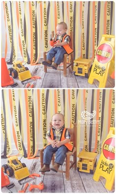 two pictures of a baby sitting in a chair with construction equipment on the wall behind them