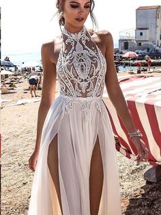 Simple Wedding Dresses with Slit A Line Floor-length Appliques Halter Sexy Bridal Gown JKW248|Annapromdress Court Train Prom Dress, Muse By Berta, Simple Wedding Dresses, Backless Evening Dress, Wedding Dresses 2018, White Prom Dress, White Dress Party, فستان سهرة, Beauty Dress