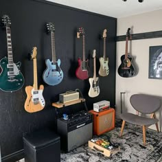 a room with guitars and amps on the wall