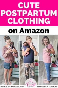 a woman holding a baby in her arms with the words cute postpartum clothing on amazon