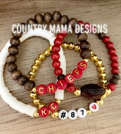 This is an awesome stackable set with strands that have a football accent center, KC lettering, Chiefs lettering, and Kelces number with heart bead. So comfy Diy Kc Chiefs Crafts, Kc Chiefs Bracelet, Kc Chiefs Crafts, Chiefs Crafts, Bracelet Sets, Taylors Version, Bracelets Patterns, Chiefs Football