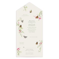 the wedding stationery is decorated with butterflies and pink flowers, along with greenery