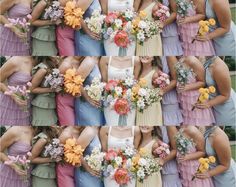 multiple pictures of women in different dresses holding flowers