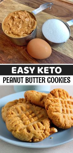 peanut butter cookies on a blue plate next to an egg in a bowl and another cookie