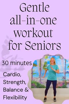 a woman standing in front of a painting with the words gentle all - in - one workout