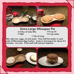 the recipe for extra large whoopee pies is shown in three different pictures