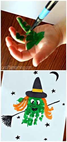 two pictures of hands with green and orange paint on them, one is holding a witch's hat