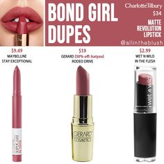 Dupes for Charlotte Tilbury's "M.I. Kiss" (formerly "Bond Girl") Lipstick via allintheblush.com Dupe Directory! Mac Lipstick Twig, Charlotte Tilbury Bond Girl, Colourpop Lipstick, Girls Lipstick, Bond Girl, Makeup Help, Best Lipsticks