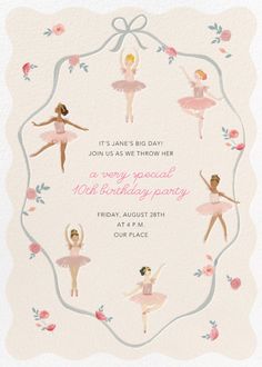 a birthday party with pink and white ballerinas on it's border, surrounded by roses