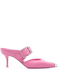 bubblegum pink calf leather slip-on style side buckle fastening metal toecap pointed toe branded insole 75mm high heel Alexander Mcqueen Shoes, Slip On Mules, Crossbody Tote Bag, Dion Lee, Moon Boots, Womens Mules, Pink Heels, Pink Shoes, Leather Mules