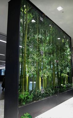 an office building with glass walls and lots of green plants in the middle of it