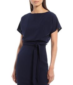 Kensie Textured Knit Boat Neck Tie Waist Short Sleeve Blouson Dress | Dillard's Elegant Belted Mini Dress For Daywear, Evening Mini Dress With Tie Waist, Casual Fitted Dress With Belt, Elegant Fitted Dress With Tie Fastening, Chic Tie-back Dress For Work, Chic Short Sleeve Dresses With Belt, Elegant Daywear Dress With Tie Waist, Chic Formal Mini Dress With Tie Waist, Elegant Tie Waist Dress For Daywear