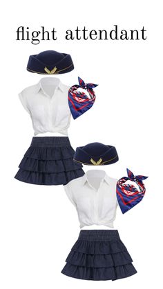 three different types of uniforms and hats on display with the words flight attendant above them