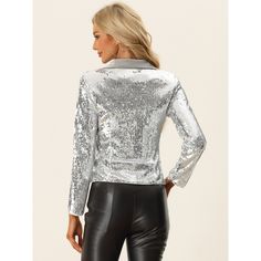 This chic and unique stylish jacket embellished with sparkly sequins is suitable for parties, cocktails, evening wear, dance performances, clubs, and so on. Pair this open-front jacket with dresses, tank tops, and shirts with your jeans and leggings. With sequin and metallic fabric, this blazer makes you shiny in the crowd. It is suitable for Christmas Day, parties, clubs, discos, nights out, daily wear, weekends, and shopping. Sequin Blazer, Open Front Jacket, Metallic Fabric, Stylish Jackets, Women's Jackets, Contrast Collar, Jacket Blazer, Cropped Jacket, Halloween Women