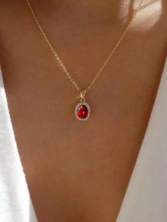 Free Returns ✓ Free Shipping✓. Rhinestone Decor Charm Necklace- Women Pendant Necklaces at SHEIN. Red Sapphire Necklace, Gold Jewelry With Red Dress, Red Pendant Necklace Vintage, Red Prom Necklace, Red Jewel Necklace, Jewelry For Red Dress, Gold And Red Necklace, Red And Gold Necklace, Red Neckless