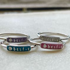 Get Matching “Bestie” Rings For You & Your Fave Person. I’m In Love With Colorful Enamel Now & So Excited To Start Adding In Some Color & More Light Hearted Rings That Would Make A Great Gift For Mother’s Day, Birthdays, Or Any Other Holiday Or Special Occasion. Heck, You Don’t Need A Special Occasion To Give These Other Than You Want To Share Your Feelings I’ll Make More Sizes If Requested. I Can Also Do Other Short Words & Most Any Color. Solid Sterling Silver With Rhodium Platinum Over It. 1. Adjustable Pink Stackable Promise Rings, Pink Adjustable Stackable Promise Rings, Adjustable Pink Sterling Silver Stackable Rings, Pink Adjustable Sterling Silver Stackable Rings, Adjustable Pink Personalized Rings, Bestie Rings, Bff Rings, Bff Jewelry, Friend Rings